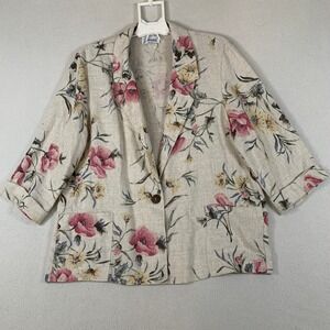 Joanna Floral Blazer Jacket Women's Petite L 3/4 Sleeve Button Front Flax Blend